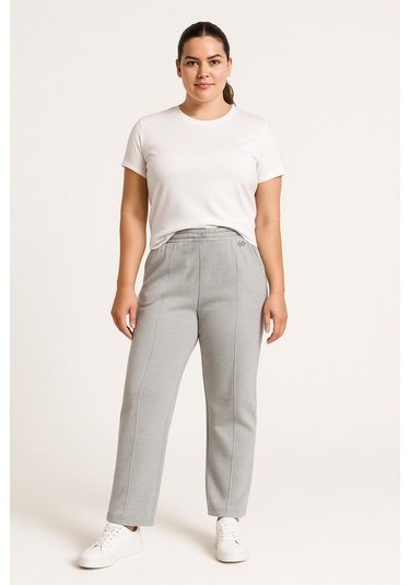 Gri Melanj Geniş Paça Ön Dikiş Detaylı Battal Büyük Beden Kadın Eşofman Altı - 94654 Gri Melanj