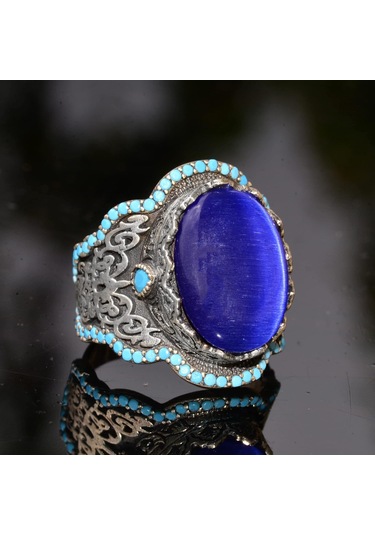 El Yapımı Mavi Kedi Gözü Yüzük Turkuaz Yapay Taş İle - 925 Ayar Gümüş Erkek Takısı Gümüş