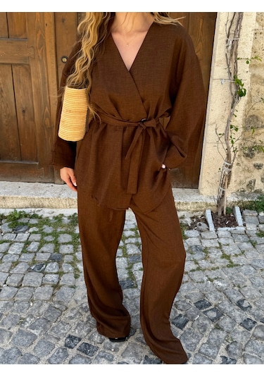 Laluvia Kahverengi Tek Düğmeli Kuşaklı Kimono Takım - 007