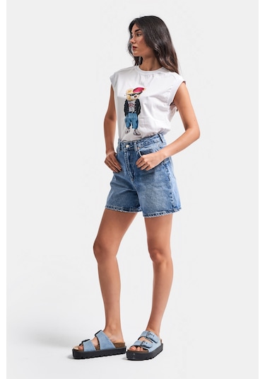 Itsbasic Kadın Mavi Renk Diana Mom Fit Midi Boy Denim Şort