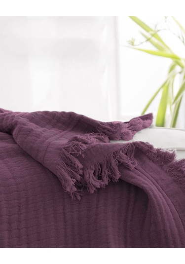 %100 Pamuk Çift Kişilik Müslin Yatak Örtüsü 4 Katlı Yumuşak Battaniye Müslin Pike Takımı 3 Parça Mor Mor