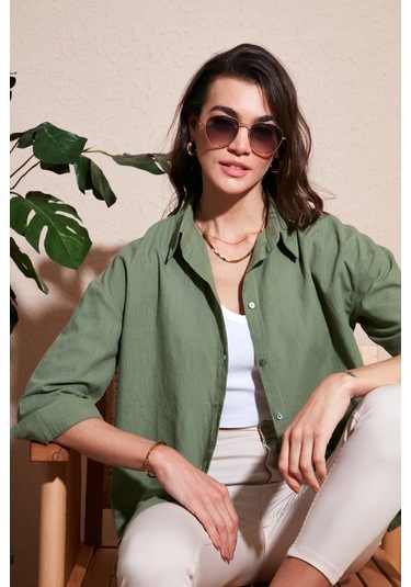 Lela Pamuklu Regular Fit Uzun Kollu Düz Bayan Gömlek Cf25S168305 Haki