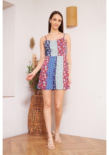 Bordo Desenli Patchwork Şort Tulum Dm4003 Mavi
