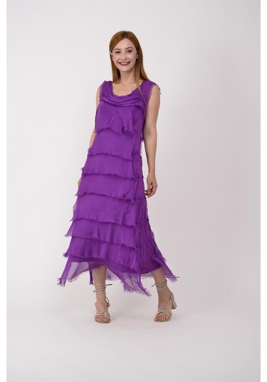 Italyan 2 Beden İnce Gösteren Kat Kat Kolsuz Ipek Elbise Mor