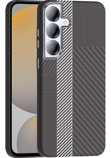 Galaxy S25 Uyumlu Kılıf M-safe Şarj Özellikli Karbon Fiber Görünümlü Zyl Gros Kapak - Gri-si Gri-siyah