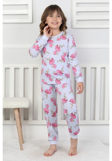 Cute Flamingo Desenli Kız Çocuk Pijama Takımı Mavi