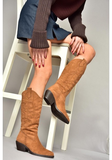 Fox Shoes T404401202 Taba Süet Kovboy Model Kadın Çizme Taba-Süet