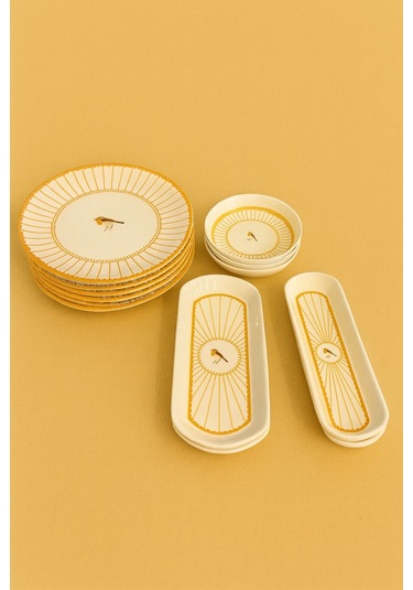 Seramık 6 Kısılık Kuş Desenlı 14 Parca Seramık Kahvaltı Takımı Beyaz