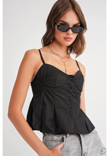 4737 Kadın Düğmeli Kuplu Pileli Bluz Siyah Siyah