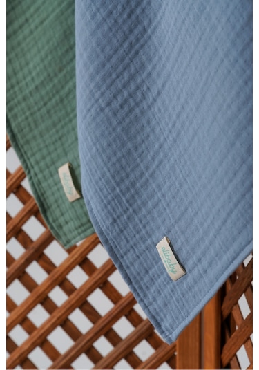 Pamuk 4 Katlı Müslin Örtü Seti 2'li İndigo Mavi ve Çağla Yeşili Mavi Yeşil