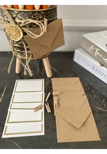 10 Adet Mandallı Kraft Not Kartı Ve Zarfı - Hediye Kartı - Tebrik