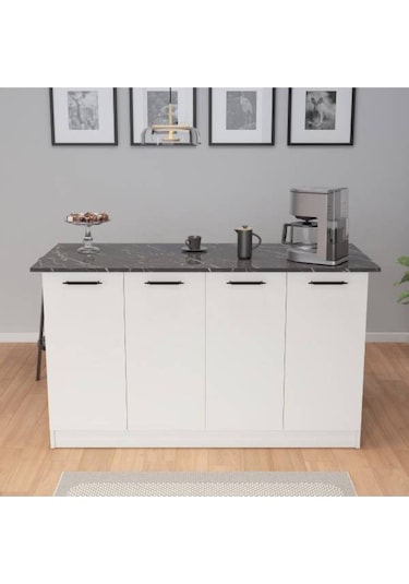 Patentli 160lık Benzila Siyah Kulplu Ada Mutfak, Mutfak Dolabı, Çok Amaçlı Dolap Siyah - Beyaz