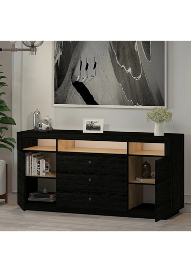 K003 Asil Led Işıklı, Dolaplı Ve Çekmeceli Konsol Ahşap Siyah Ahşap Siyah