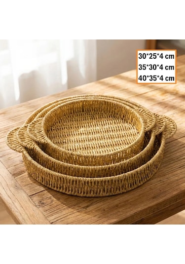 Durukar İç İçe Geçebilen 3 Lü Yuvarlak Plastik Rattan Tepsi Seti Hasır Görünümlü Çok Amaçlı Servis