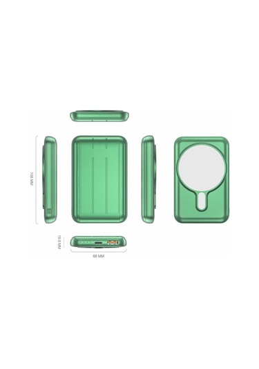Led Göstergeli Kablosuz Magsafe Uyumlu 10000 Mah Powerbank Usb Ve Type-c Portlu, Wireless 5w Şarj Yeşil