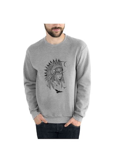 Kızılderili Kız Kuş Baskılı Gri Erkek Örme Sweatshirt
