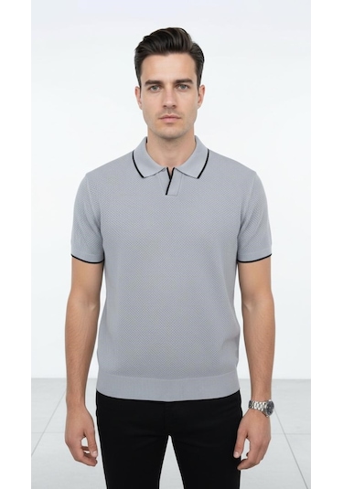 Plus Scorpion Erkek Pike Dokulu Triko Polo Yaka Tişört Slim Fit Şerit Detaylı Yazlık Model Gri