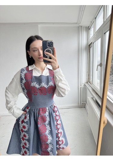 Retrobird Mandy Nakış Detaylı Kısa Jile Elbise Kadın İndigo-13901 Indigo