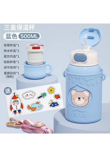 Sevimli Desenli Çocuk Termos Bardağı, Silikondan Yapılmış Güvenli Kapak, Pipetli Ve Sızdırmaz Su Matarası, Renkli Ve Şık Tasarım, Çocuklar İçin Pratik İçecek Kabı MAvi