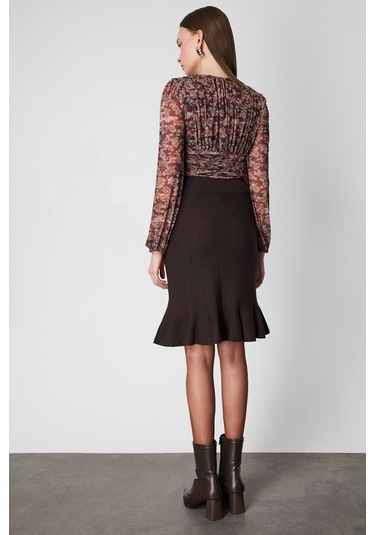 On Kadın Eteği Pileli Diz Üstü Triko Etek 65200 Kahverengi Kahverengi