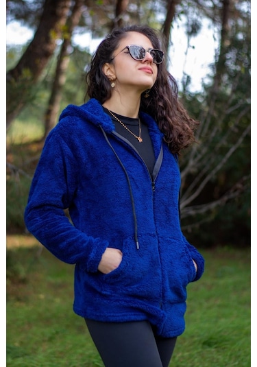Kadın Saks Koyu Mavi Peluş Kalın Fermuarlı Kapüşonlu Cepli Ceket 23kcktmy50 001
