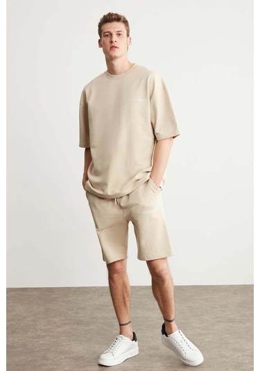 GRIMELANGE Colombıa Erkek 2'li Set Comfort Fit Rahat Kalıp Yazı Nakışlı Şardonsuz Bej Eşofman Takımı Bej