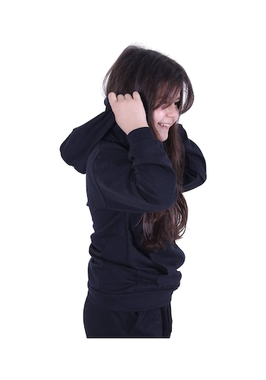 Fyk Kids Kapşonlu, Kanguru Cepli Düz Desen Kız Çocuk Alt-üst Takım Siyah