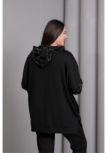 Kapüşonlu Fermuarlı Taş Baskılı Ceket Siyah