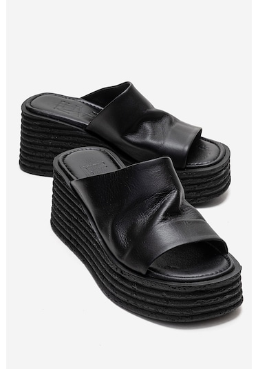 Luvishoes Marc Siyah Cilt Hakiki Deri Dolgu Topuklu Kadın Terlik Siyah