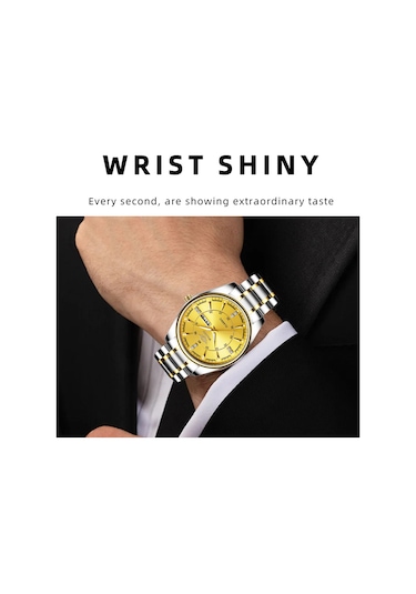 Yashıdun 5069 Çelik Kayış Şık Kuvars İzle Erkekler Aydınlık Takvim Bilek Saati - Altın Kadran