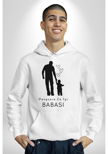 Babalar Günü Dünyanın En İyi Babası Kadın Erkek Beyaz Kapüşonlu Sweatshirt Hoodie Beyaz