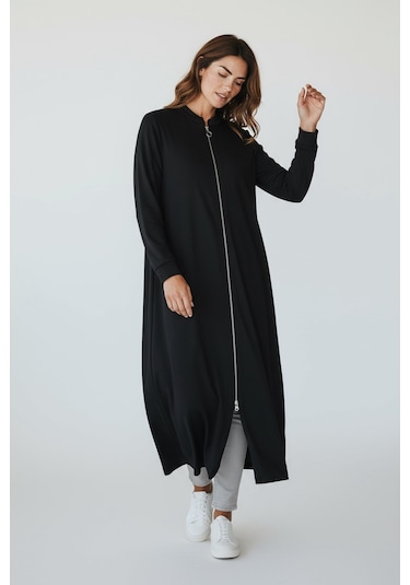 Kadın Önü Fermuarlı Kolu Manşetli Gizli Cepli Mevsimlik Kap Siyah