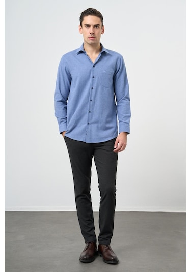 Mavi Uzun Kol Düz Gabardin Sert Yaka Cepli Pamuklu Classic Comfort Fit Gömlek 1004245168 Mavi