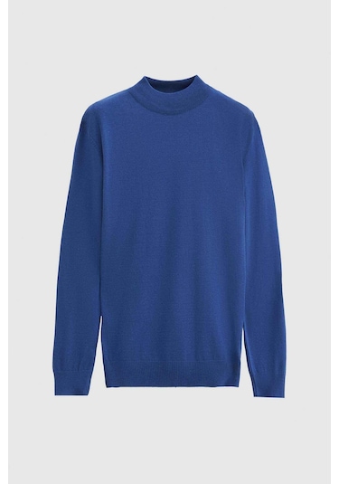 D's Damat Regular Fit Mavi Pamuk Karışımlı Yarım Balıkçı Triko Kazak Mavi