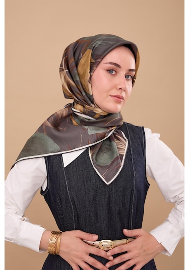 Silk Home Twill İpek Eşarp 11480-61 Petrol Yeşili, Krem, Yeşil, Koyu Vizon