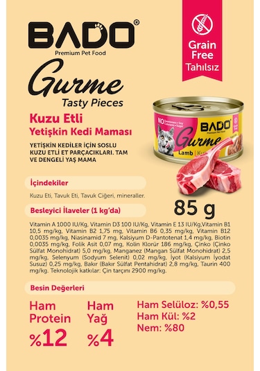 Bado Gurme Yaş Yetişkin Kedi Maması Kuzu Etli 85 Gr 36 Adet
