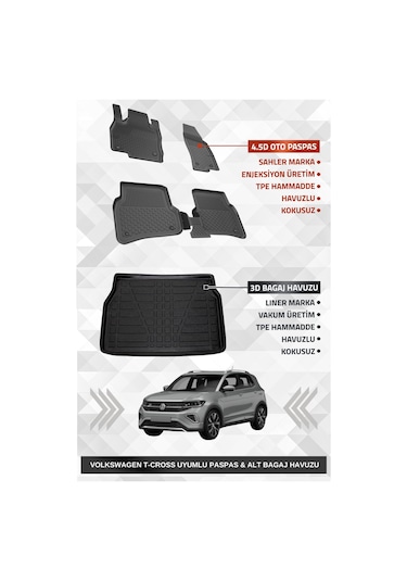 Sahler Volskwagen T-cross 2022+ Uyumlu 4.5d Premium Havuzlu Oto Paspas Ve Liner Marka 3d Alt Bagaj Havuzu