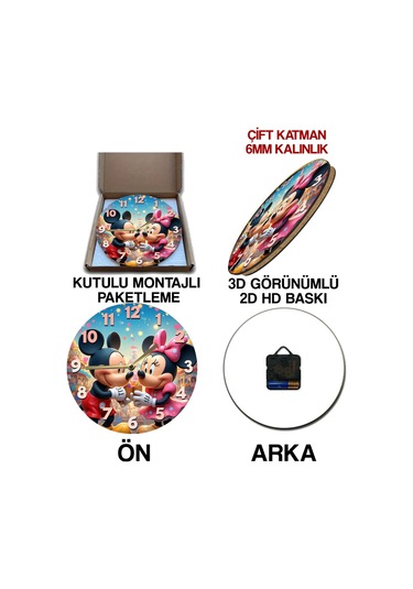 Mickey & Minnie Temalı Renkli Mdf Duvar Saati 3d Görünümlü, Sessiz Mekanizmalı, 2d Hd Baskı Sdw242 Renkli