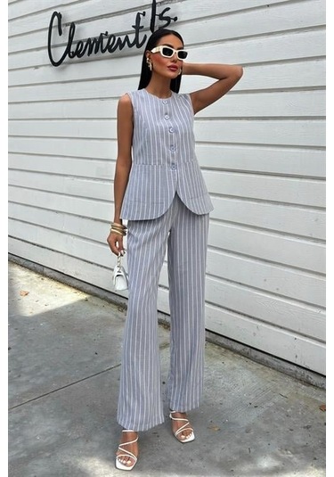 Çizgili Viscon Keten Yelekli Rahat Takım 10121 Gri