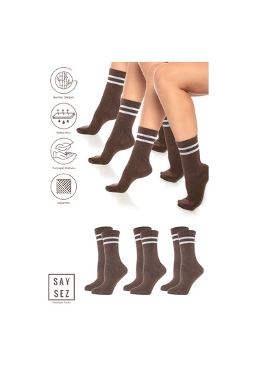 Bambu Unisex Tenis Kolej Çizgili Premium Kahverengi Dikişsiz Soket Çorap 3'lü Paket Kahverengi