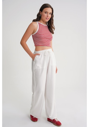 4629 Kadın Bol Paça Yüksek Bel Viskon Palazzo Pantolon Beyaz Beyaz