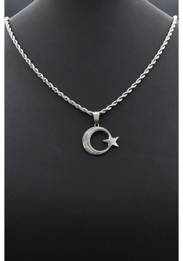 Ay Yıldızlı - Ay Yıldız Kolye Paslanmaz Çelik Zincir 902300 Gümüş