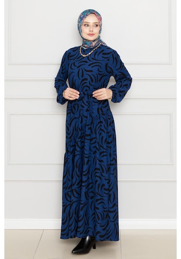 Beli Kuşaklı Çapraz Fırfırlı Lale Elbise-saks Mavi-4464 Saks Mavi