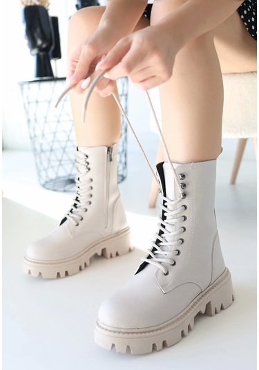 Neole Bej Cilt Bağcıklı Bot Bej