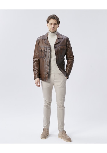 Hakiki Deri Ceket Karartmalı Koyu Kahverengi