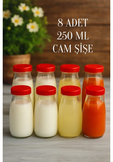 Rotanev Şeffaf Sürahi Meşrubat Şişesi Plastik Kapaklı Cam Şişe 8 Adet 250 ML