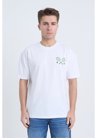 Velvoria Unisex Oversize Relaxed Tennis Baskılı Beyaz Renk T-shirt