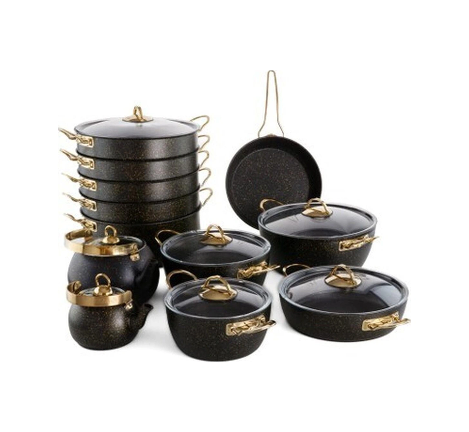 Evren 19 Parça Gold Stone Ezme Seri Tencere Seti Bakır - Siyah
