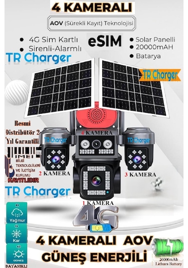 4 Kameralı E-sım Güneş Enerjili Güvenlik Kamerası Çift Güneş Pa