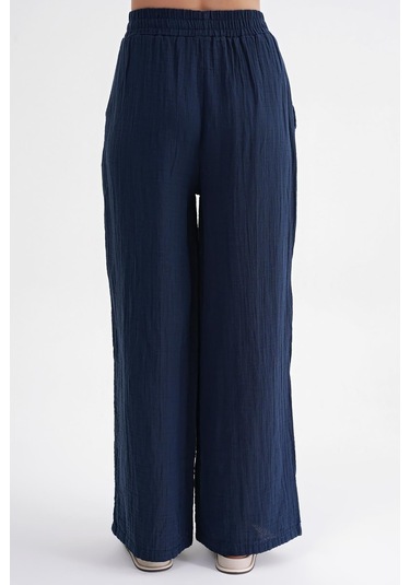 4286 Kadın Bol Paça Beli Lastikli Müslin Palazzo Pantolon Lacivert Lacivert
